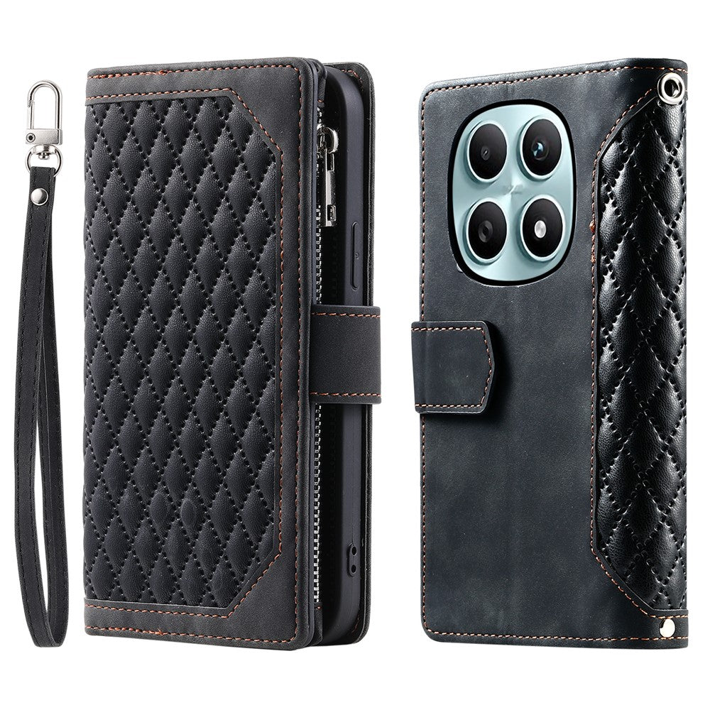 For Xiaomi Redmi Note 15 4G (Global) Wallet Case Rhombus Stitching Line PU Leather Phone Cover with Wrist Strap - Black