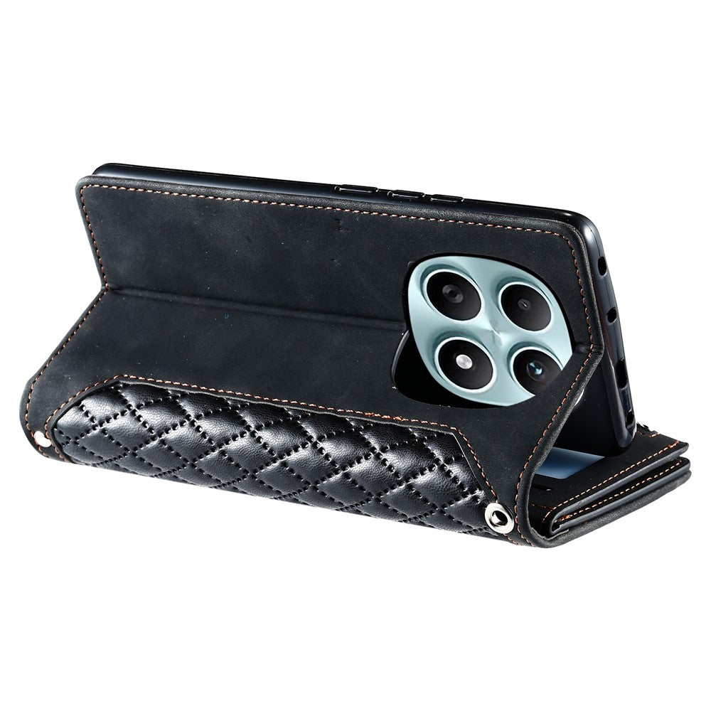 For Xiaomi Redmi Note 15 4G (Global) Wallet Case Rhombus Stitching Line PU Leather Phone Cover with Wrist Strap - Black
