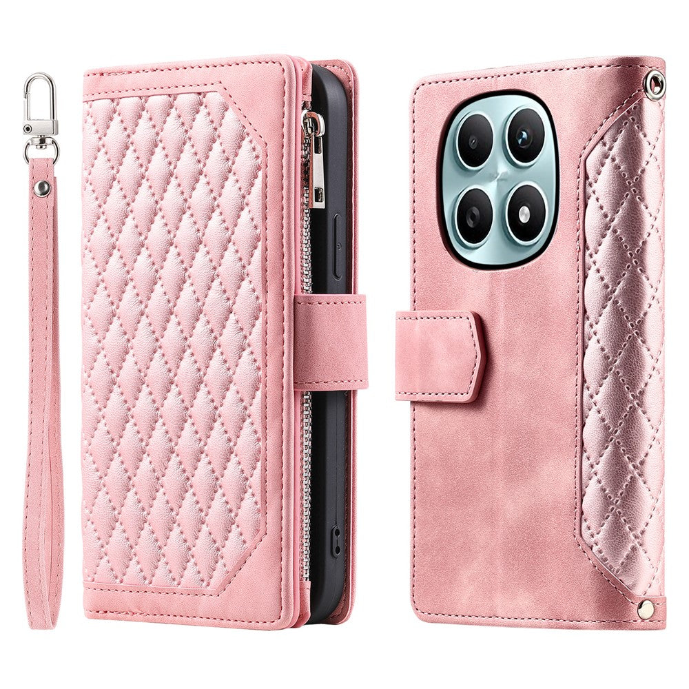 For Xiaomi Redmi Note 15 4G (Global) Wallet Case Rhombus Stitching Line PU Leather Phone Cover with Wrist Strap - Rose Gold