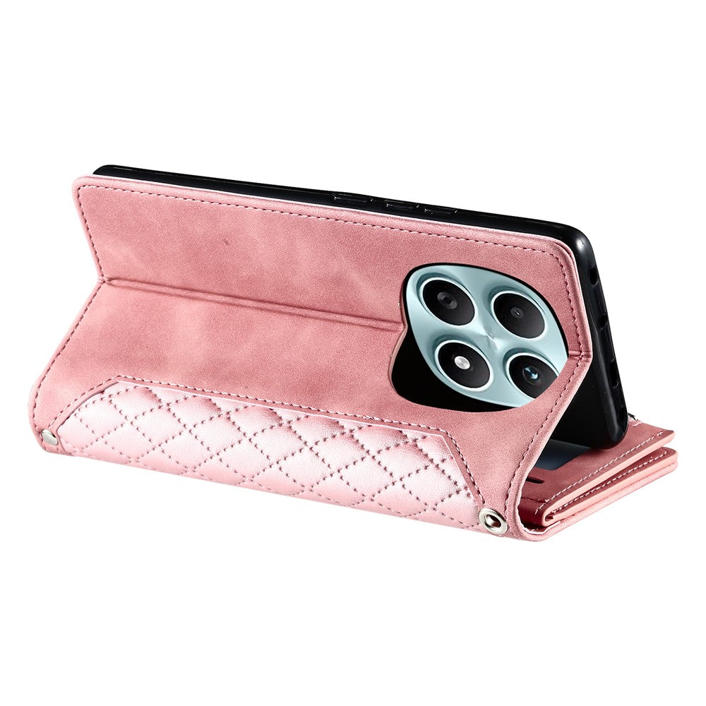 For Xiaomi Redmi Note 15 4G (Global) Wallet Case Rhombus Stitching Line PU Leather Phone Cover with Wrist Strap - Rose Gold