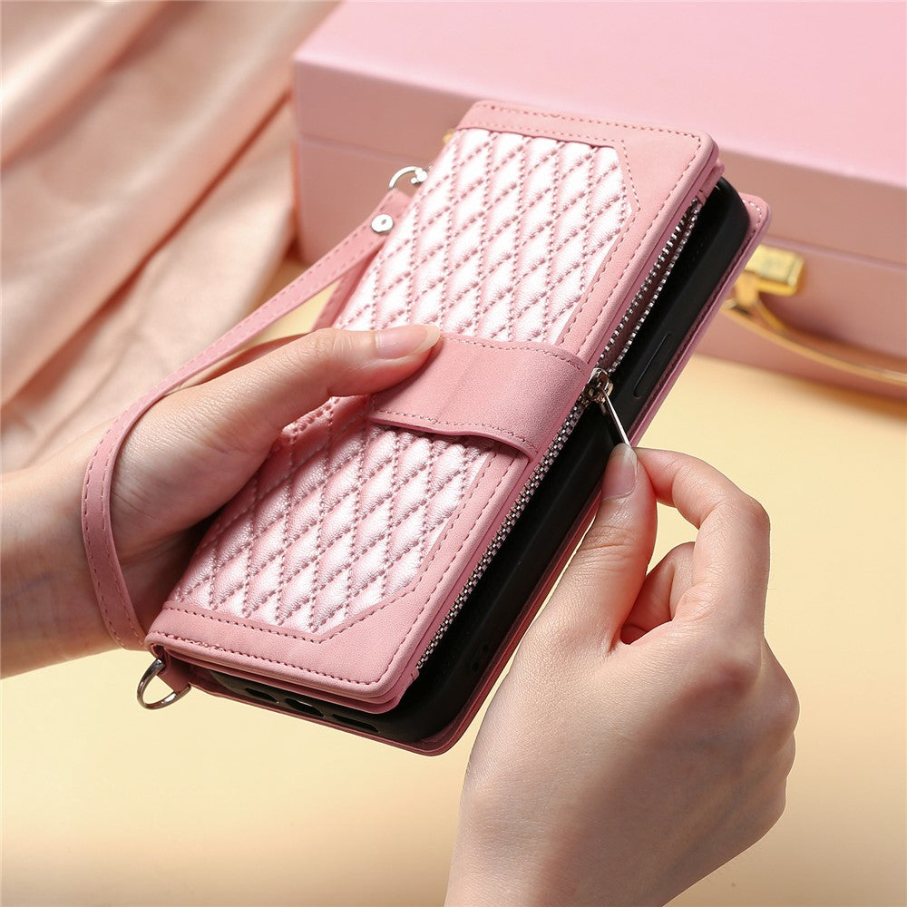 For Xiaomi Redmi Note 15 4G (Global) Wallet Case Rhombus Stitching Line PU Leather Phone Cover with Wrist Strap - Rose Gold
