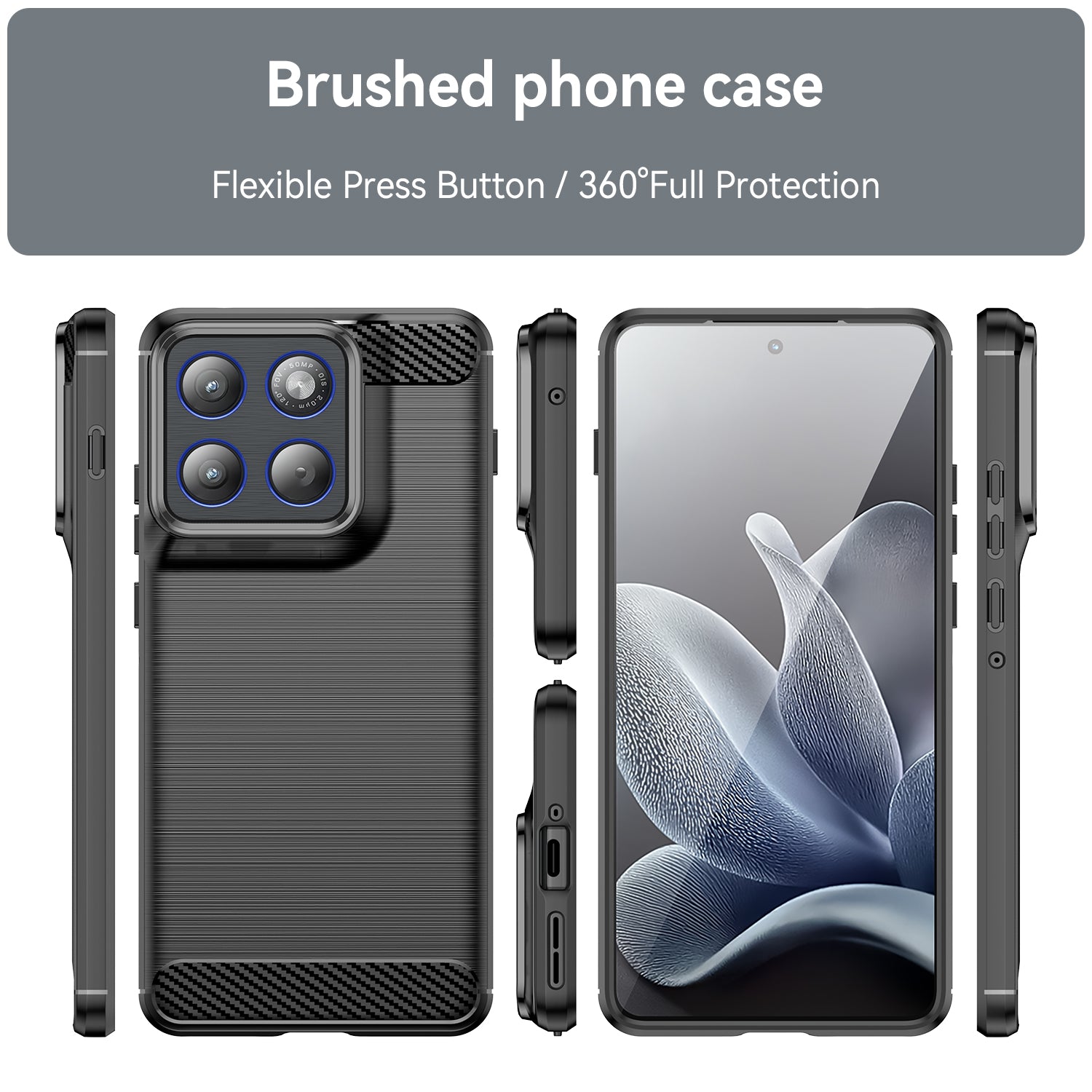 For Motorola Edge 70 5G Case with Screen Film WANLONFENG LS Series Big Lens Hole Brushed Texture TPU Phone Cover - Black