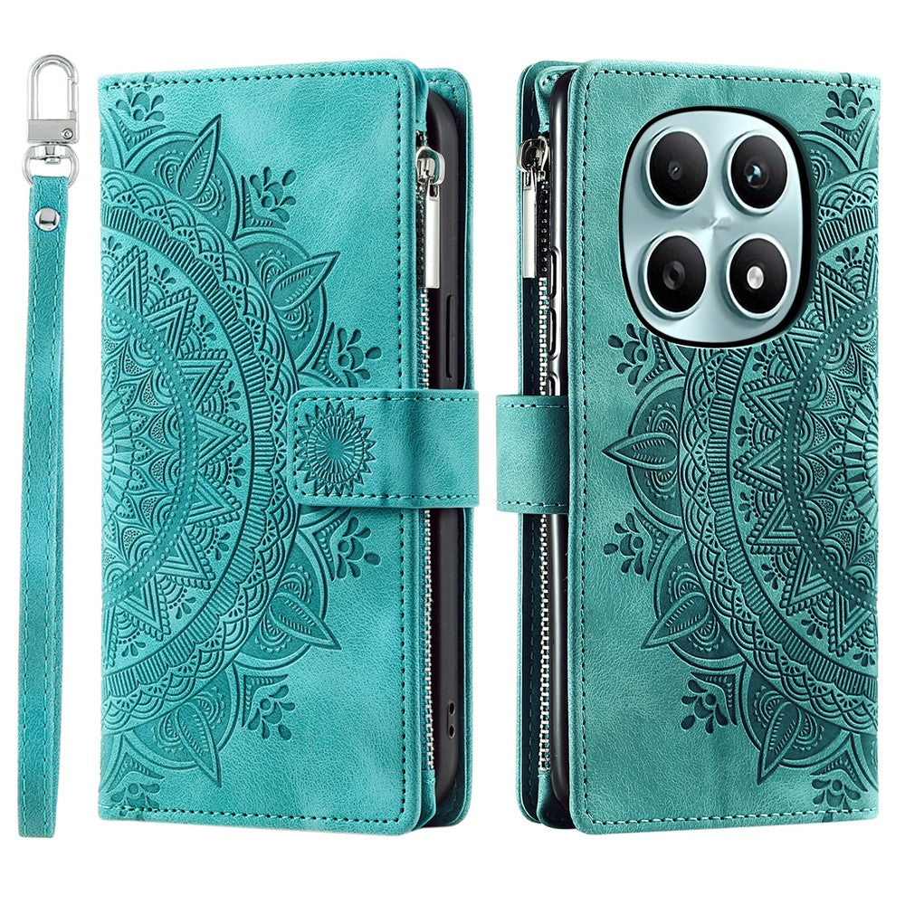 For Xiaomi Redmi Note 15 4G (Global) Wallet Case Mandala Flower Pattern PU Leather Phone Cover with Wrist Strap - Mint Green