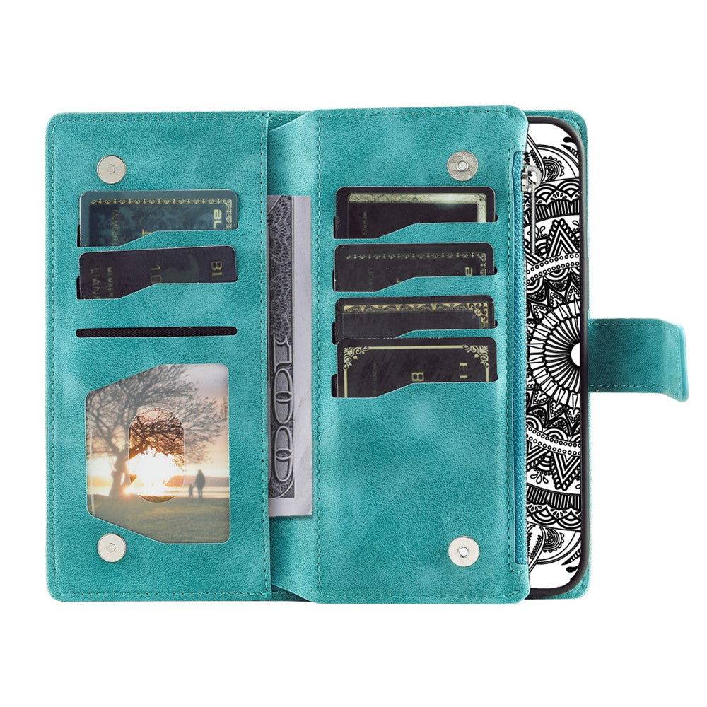 For Xiaomi Redmi Note 15 4G (Global) Wallet Case Mandala Flower Pattern PU Leather Phone Cover with Wrist Strap - Mint Green