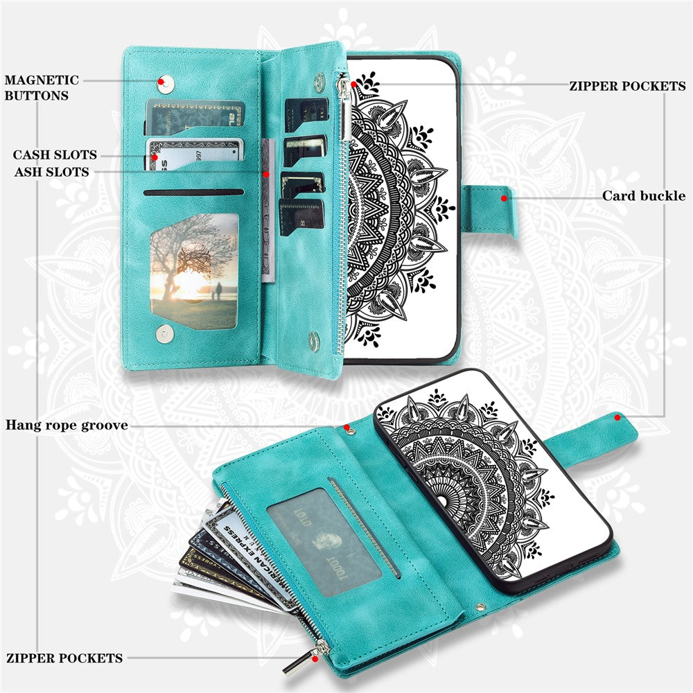 For Xiaomi Redmi Note 15 4G (Global) Wallet Case Mandala Flower Pattern PU Leather Phone Cover with Wrist Strap - Mint Green