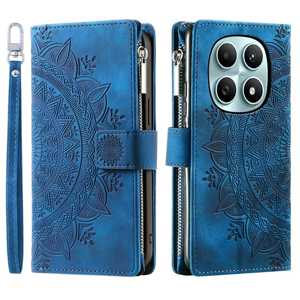For Xiaomi Redmi Note 15 4G (Global) Wallet Case Mandala Flower Pattern PU Leather Phone Cover with Wrist Strap - Blue