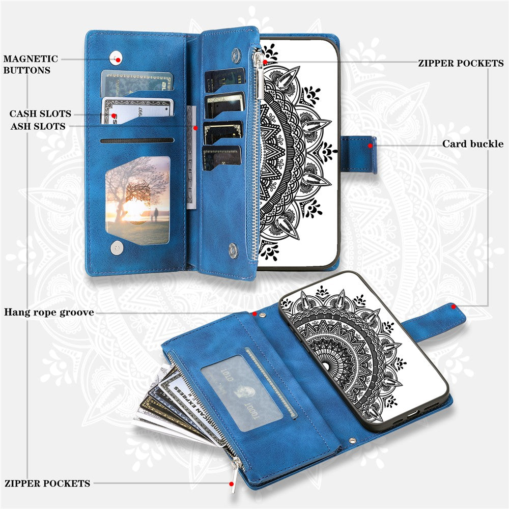 For Xiaomi Redmi Note 15 4G (Global) Wallet Case Mandala Flower Pattern PU Leather Phone Cover with Wrist Strap - Blue