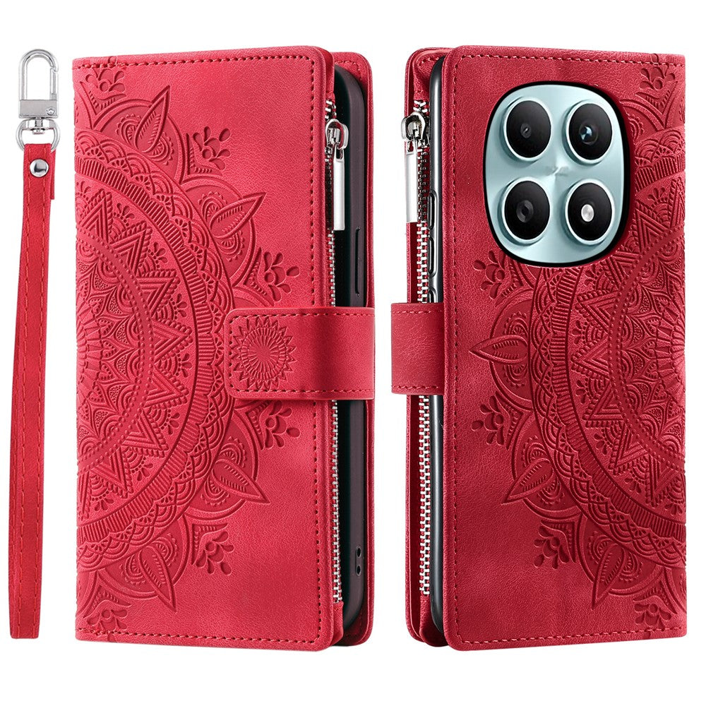 For Xiaomi Redmi Note 15 4G (Global) Wallet Case Mandala Flower Pattern PU Leather Phone Cover with Wrist Strap - Rose