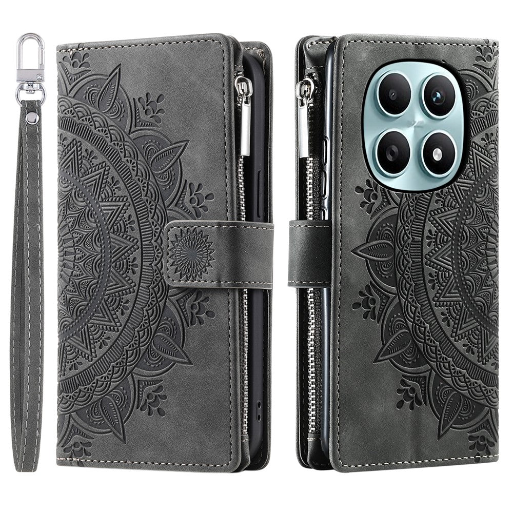 For Xiaomi Redmi Note 15 4G (Global) Wallet Case Mandala Flower Pattern PU Leather Phone Cover with Wrist Strap - Grey