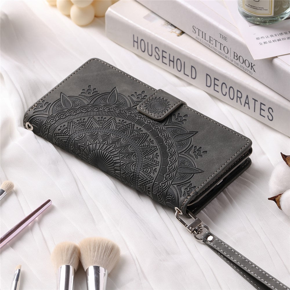 For Xiaomi Redmi Note 15 4G (Global) Wallet Case Mandala Flower Pattern PU Leather Phone Cover with Wrist Strap - Grey
