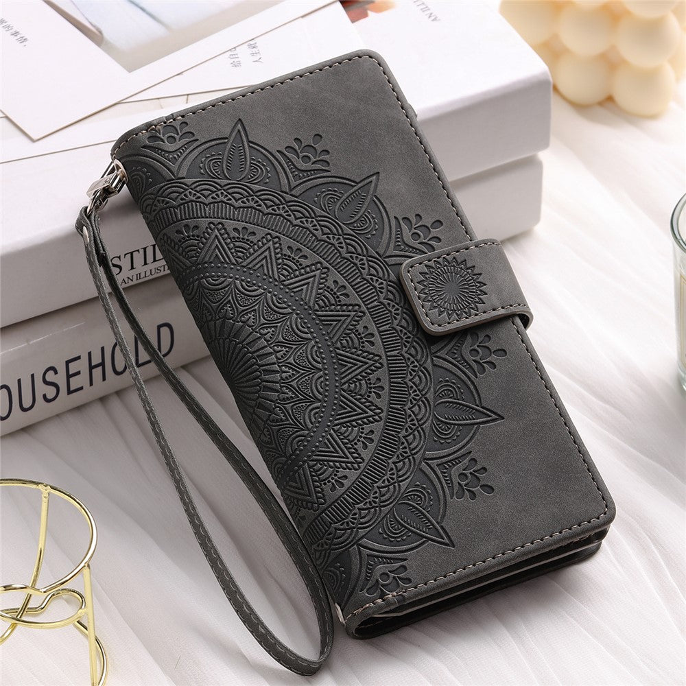 For Xiaomi Redmi Note 15 4G (Global) Wallet Case Mandala Flower Pattern PU Leather Phone Cover with Wrist Strap - Grey