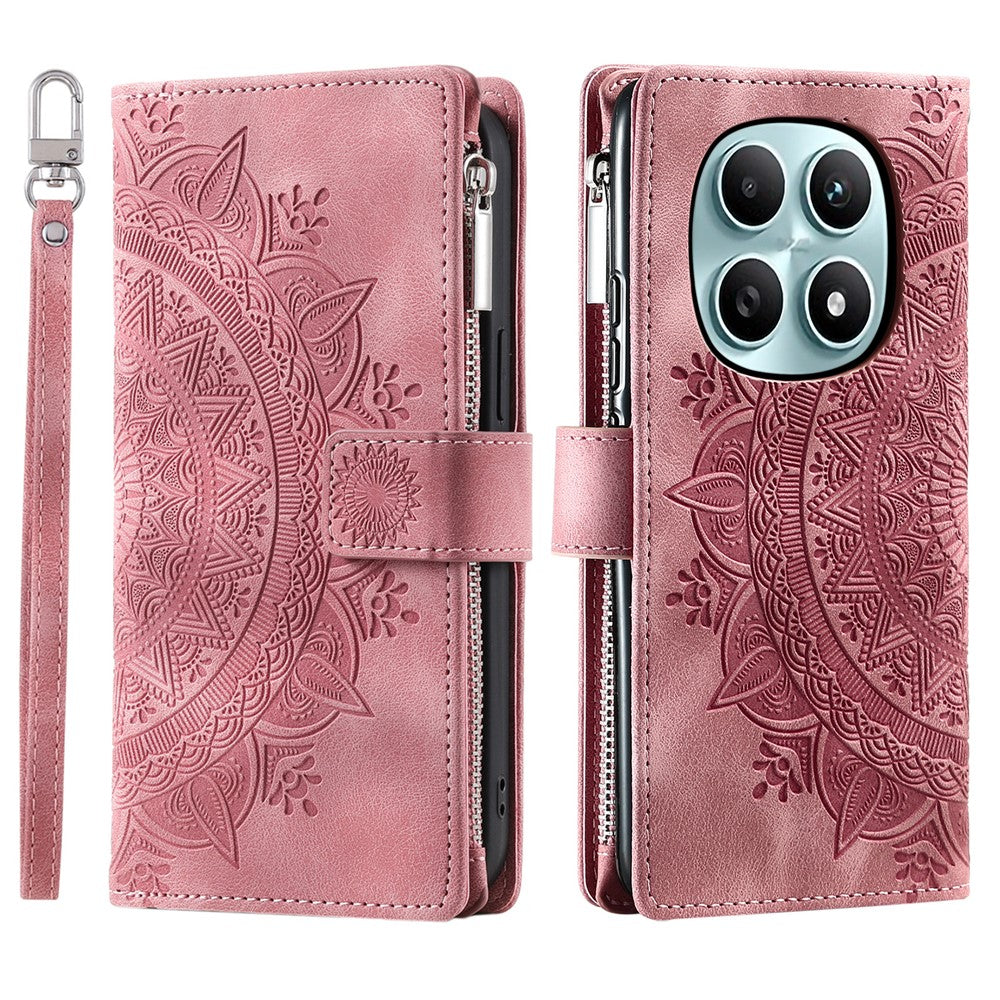 For Xiaomi Redmi Note 15 4G (Global) Wallet Case Mandala Flower Pattern PU Leather Phone Cover with Wrist Strap - Rose Gold