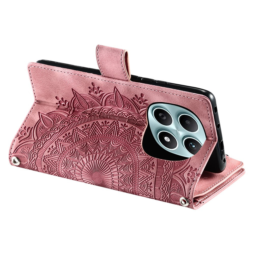 For Xiaomi Redmi Note 15 4G (Global) Wallet Case Mandala Flower Pattern PU Leather Phone Cover with Wrist Strap - Rose Gold