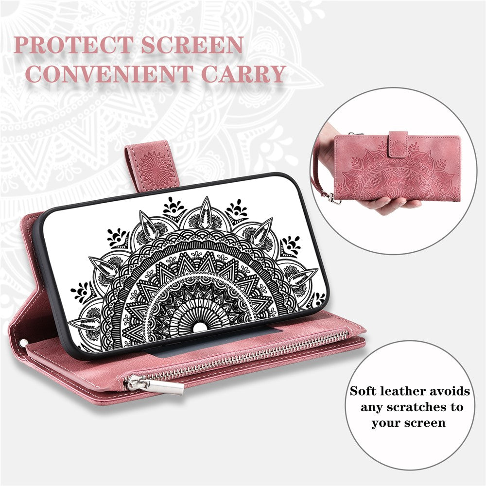 For Xiaomi Redmi Note 15 4G (Global) Wallet Case Mandala Flower Pattern PU Leather Phone Cover with Wrist Strap - Rose Gold