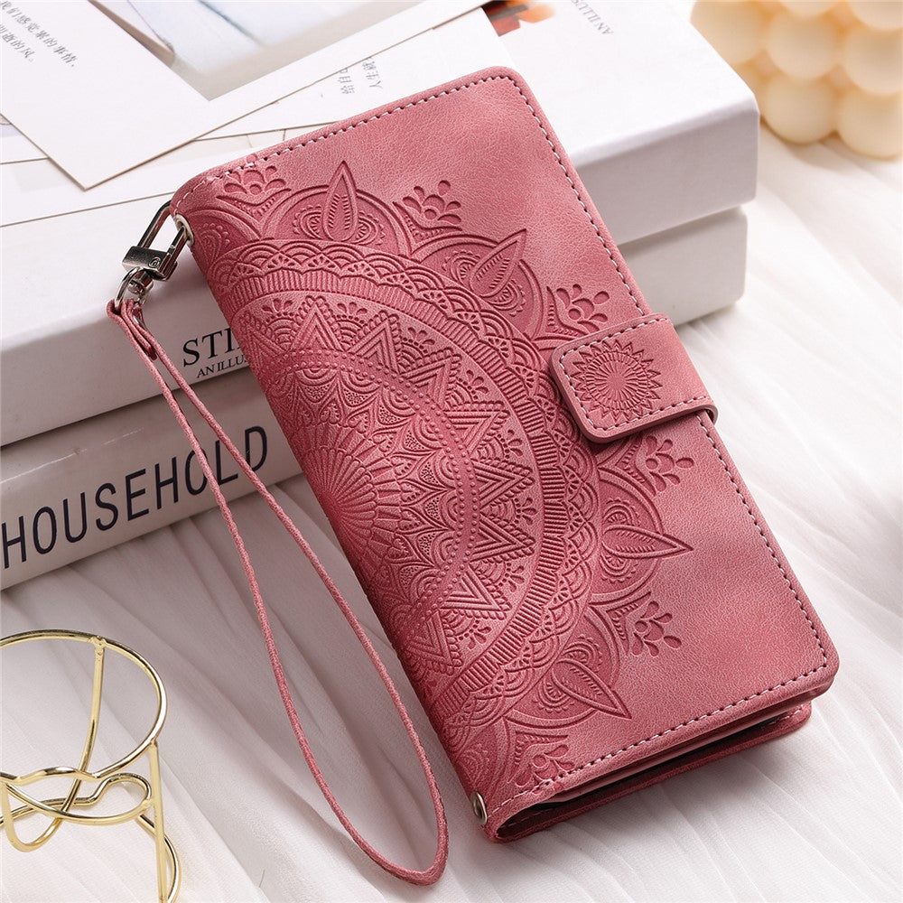 For Xiaomi Redmi Note 15 4G (Global) Wallet Case Mandala Flower Pattern PU Leather Phone Cover with Wrist Strap - Rose Gold