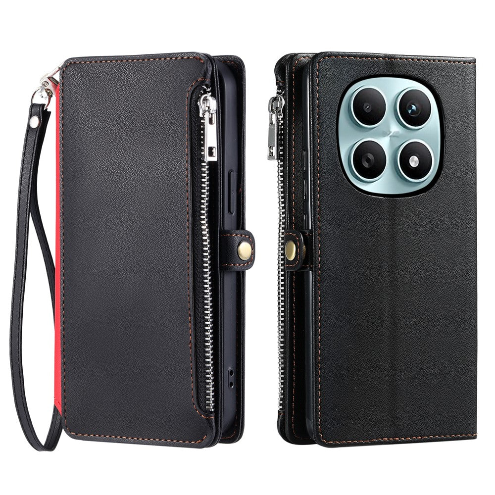 For Xiaomi Redmi Note 15 4G (Global) Case TPU + PU Leather Wallet Phone Cover with Wrist Strap - Black