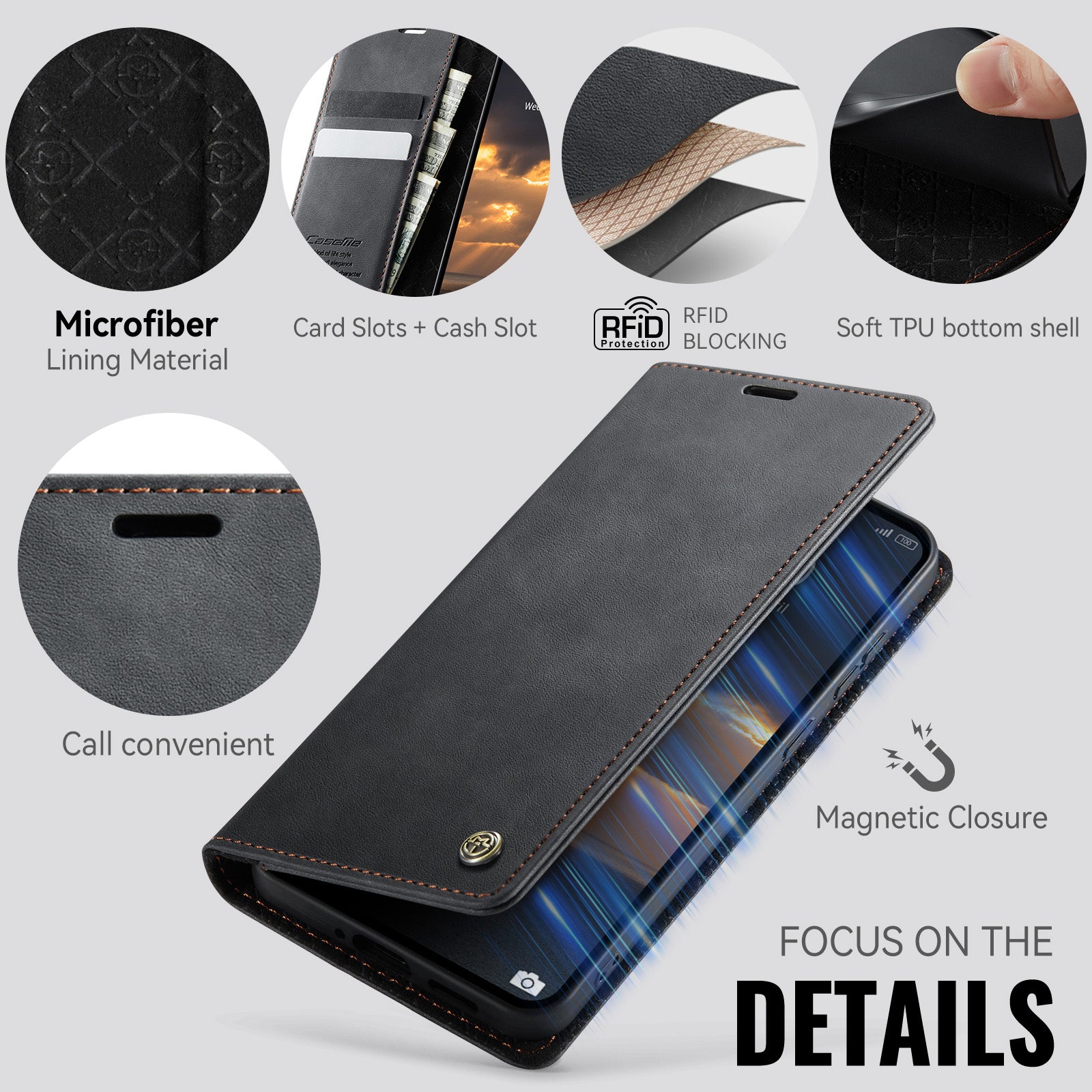 For Xiaomi Poco M8 Pro 5G / Redmi Note 15 Pro+ 5G (Global) Case CASEME 033 Series RFID Blocking Wallet Stand Calf Texture Leather Phone Cover - Black