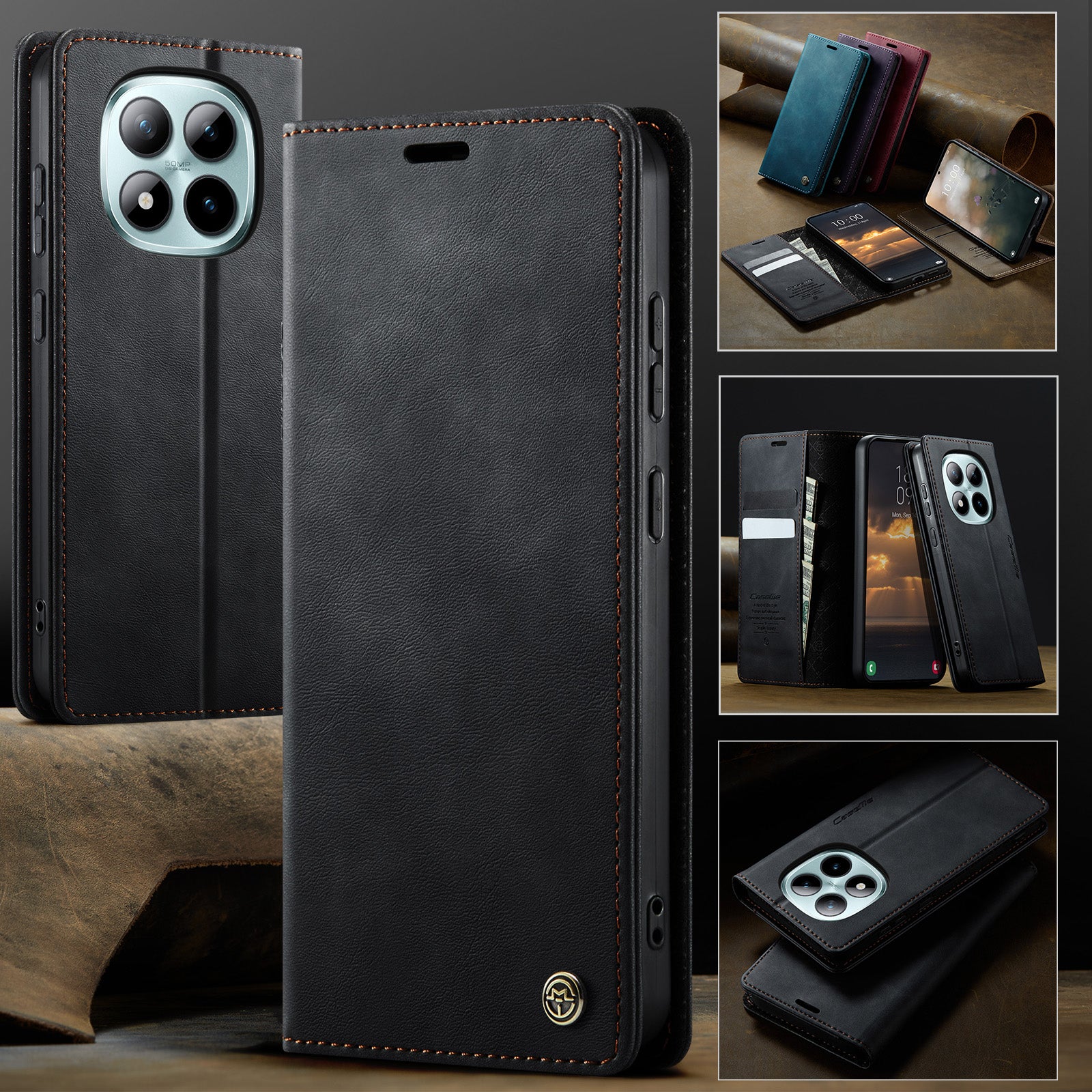 For Xiaomi Poco M8 Pro 5G / Redmi Note 15 Pro+ 5G (Global) Case CASEME 033 Series RFID Blocking Wallet Stand Calf Texture Leather Phone Cover - Black
