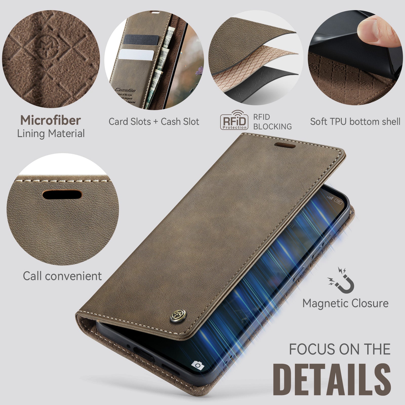 For Xiaomi Poco M8 Pro 5G / Redmi Note 15 Pro+ 5G (Global) Case CASEME 033 Series RFID Blocking Wallet Stand Calf Texture Leather Phone Cover - Coffee