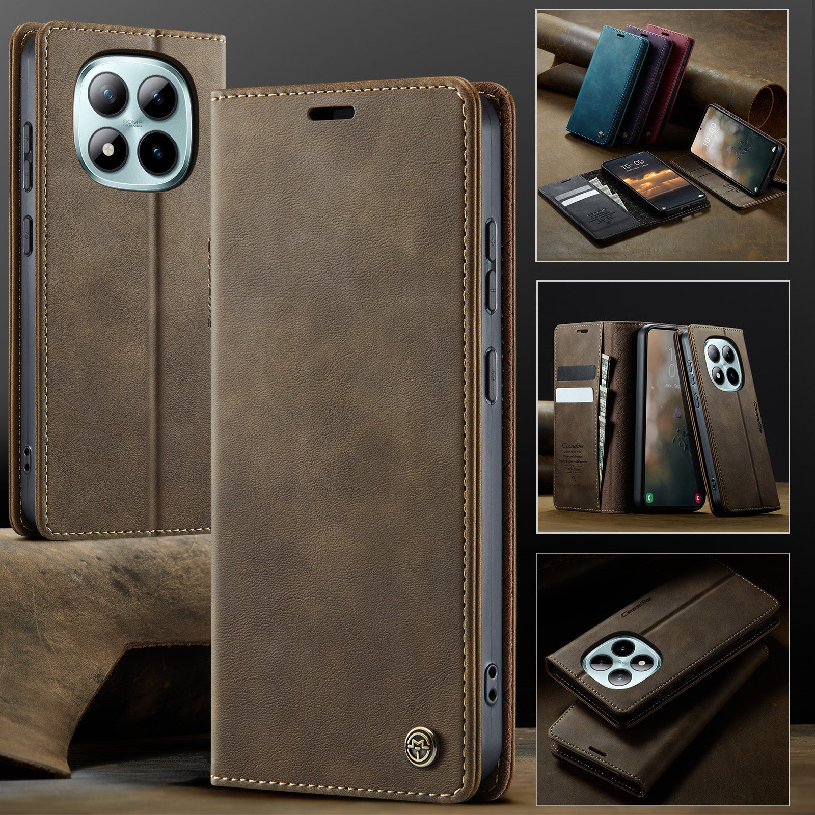 For Xiaomi Poco M8 Pro 5G / Redmi Note 15 Pro+ 5G (Global) Case CASEME 033 Series RFID Blocking Wallet Stand Calf Texture Leather Phone Cover - Coffee