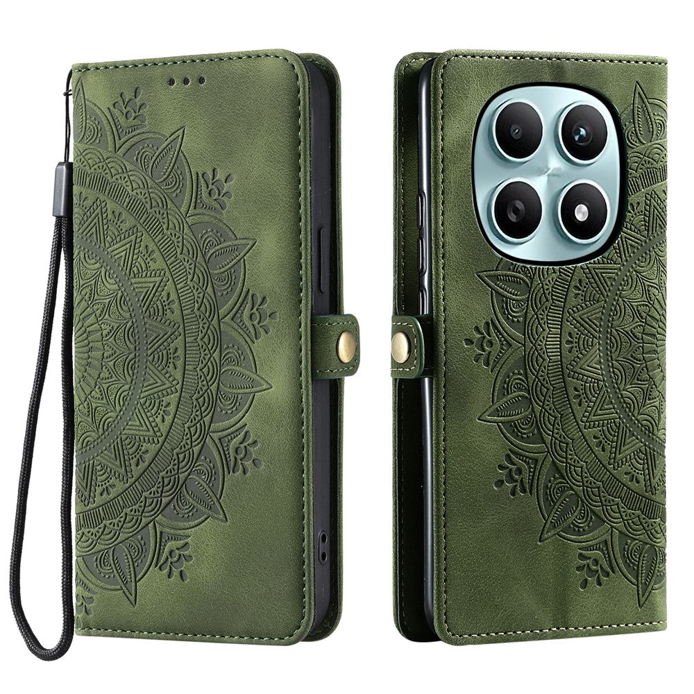 For Xiaomi Redmi Note 15 4G (Global) Case Skin Feel Totem Imprinted Wallet Leather Phone Cover with Hand Strap - Blackish Green