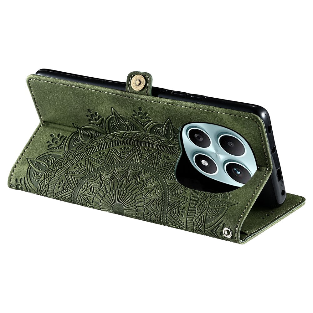 For Xiaomi Redmi Note 15 4G (Global) Case Skin Feel Totem Imprinted Wallet Leather Phone Cover with Hand Strap - Blackish Green