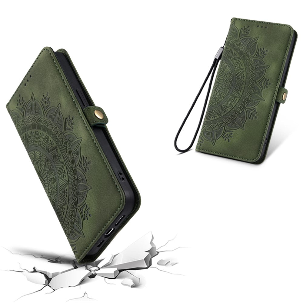 For Xiaomi Redmi Note 15 4G (Global) Case Skin Feel Totem Imprinted Wallet Leather Phone Cover with Hand Strap - Blackish Green