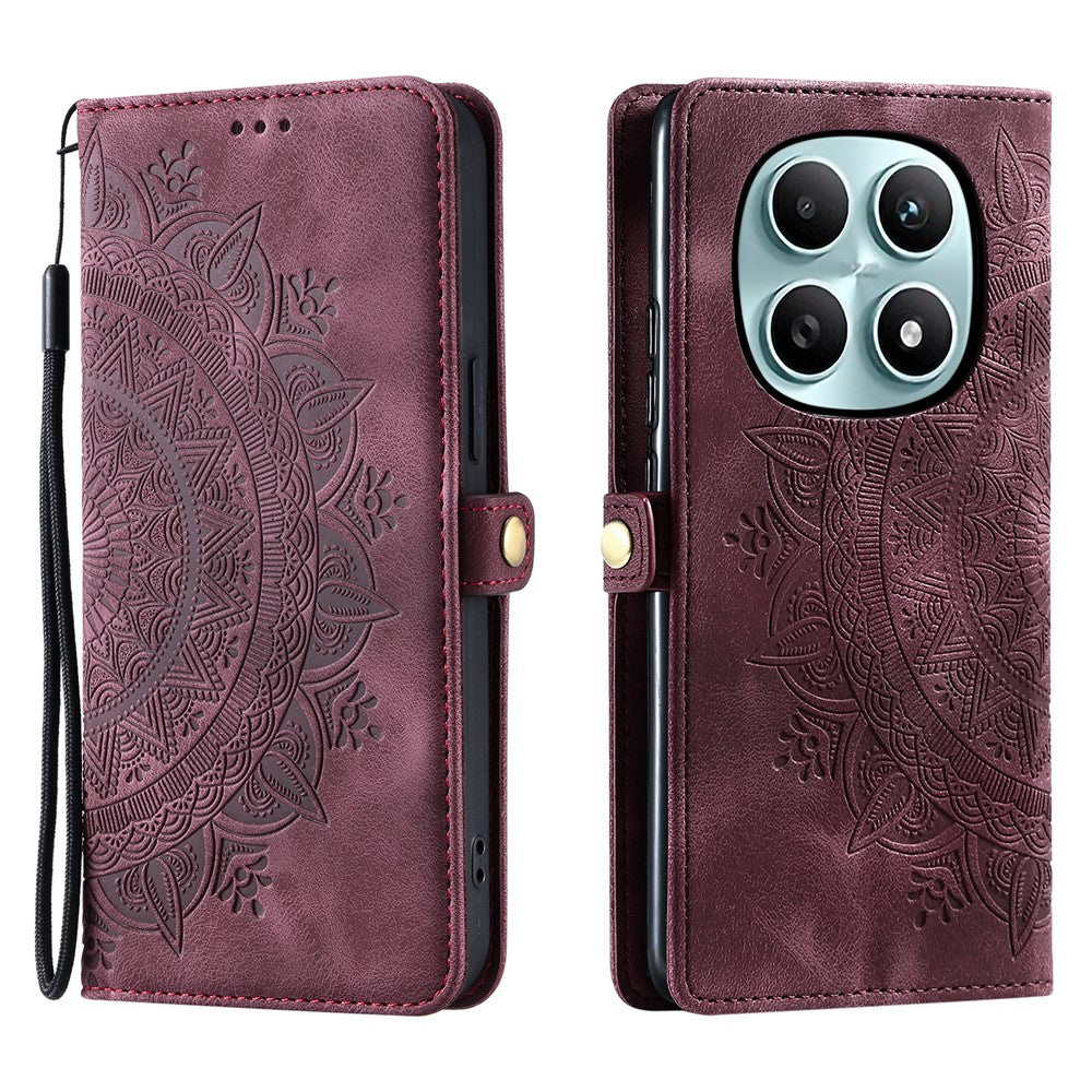 For Xiaomi Redmi Note 15 4G (Global) Case Skin Feel Totem Imprinted Wallet Leather Phone Cover with Hand Strap - Wine Red