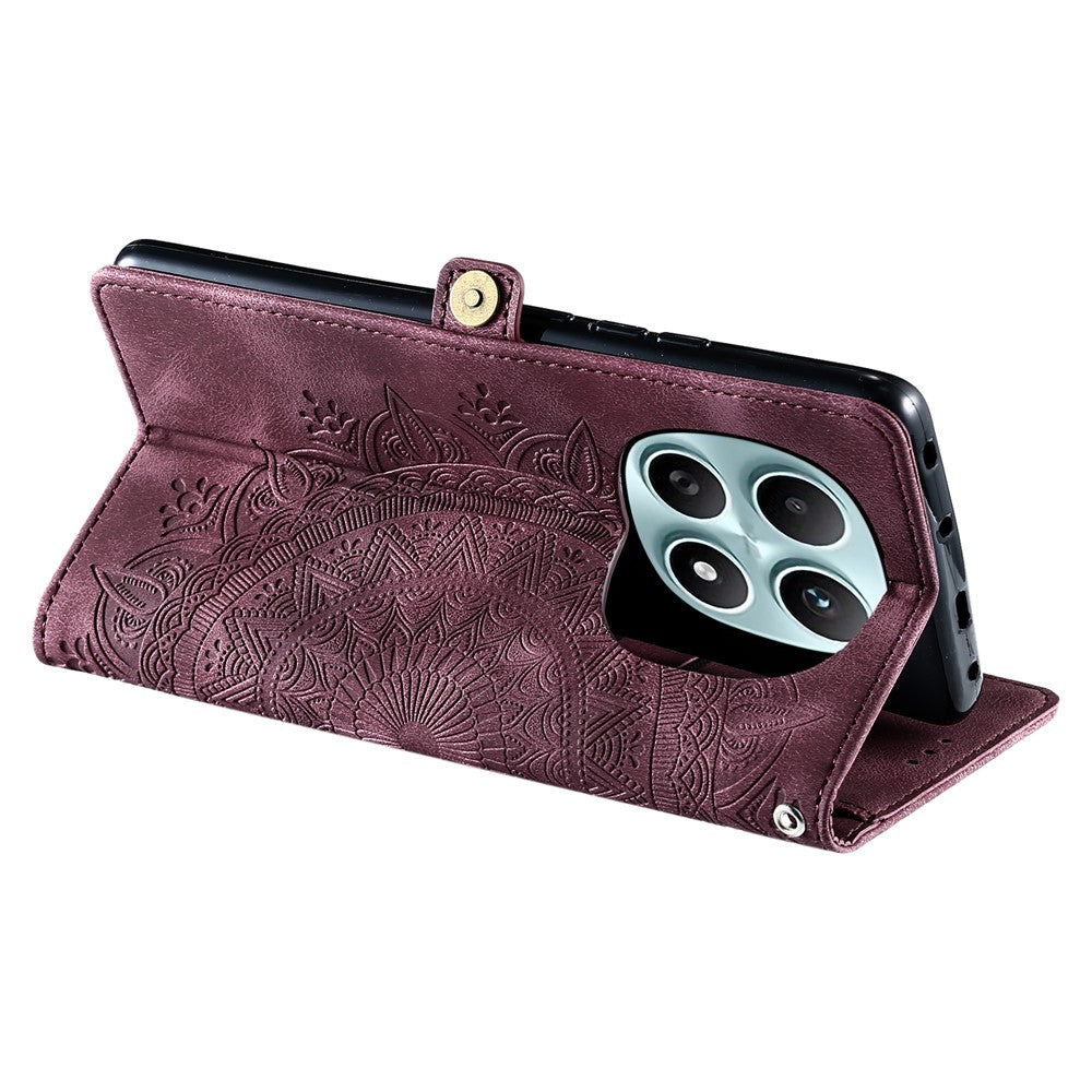 For Xiaomi Redmi Note 15 4G (Global) Case Skin Feel Totem Imprinted Wallet Leather Phone Cover with Hand Strap - Wine Red