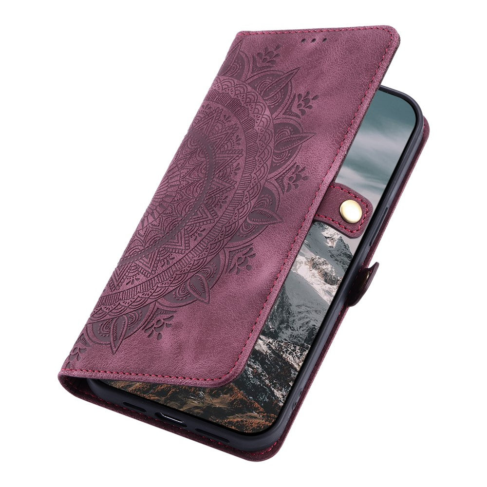 For Xiaomi Redmi Note 15 4G (Global) Case Skin Feel Totem Imprinted Wallet Leather Phone Cover with Hand Strap - Wine Red