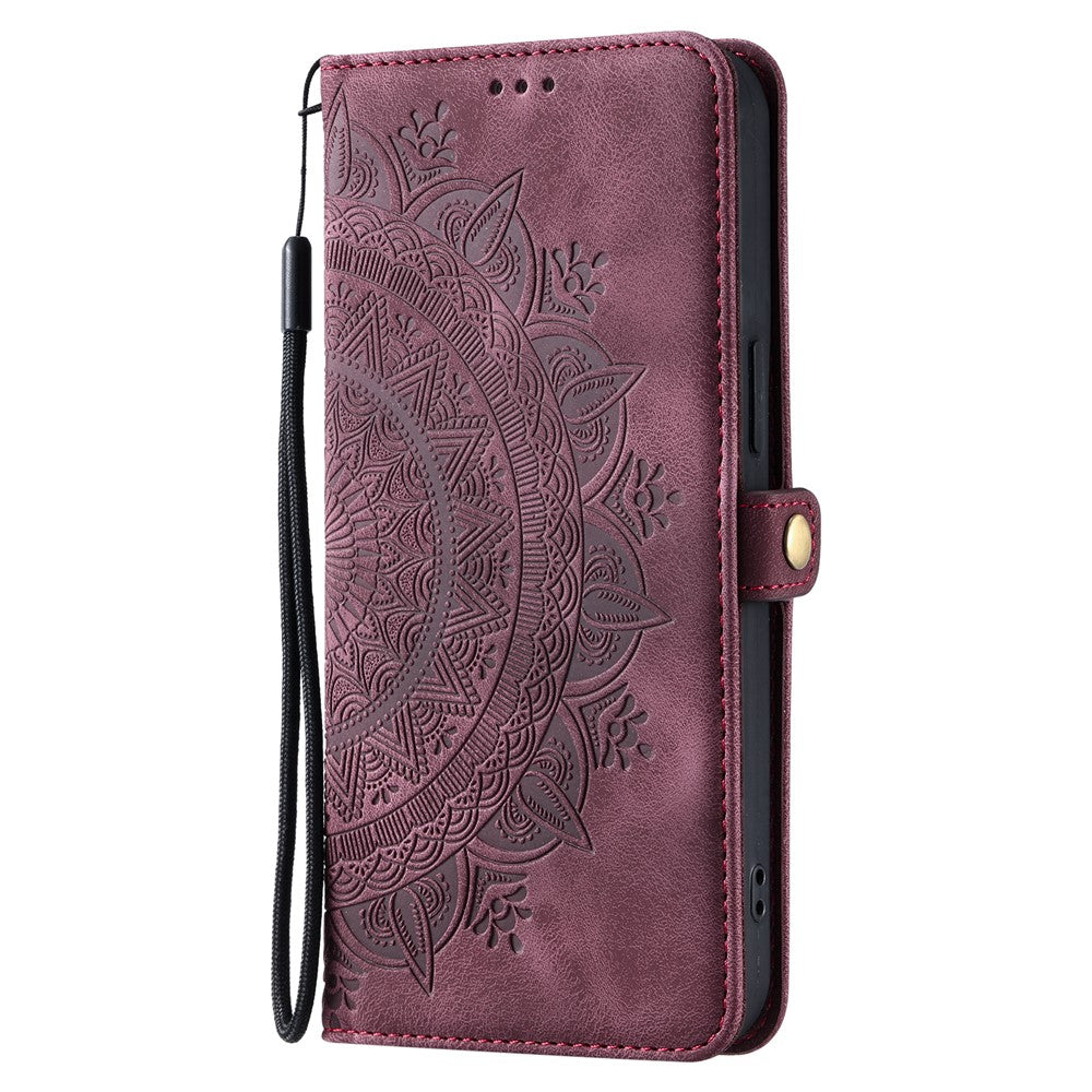 For Xiaomi Redmi Note 15 4G (Global) Case Skin Feel Totem Imprinted Wallet Leather Phone Cover with Hand Strap - Wine Red