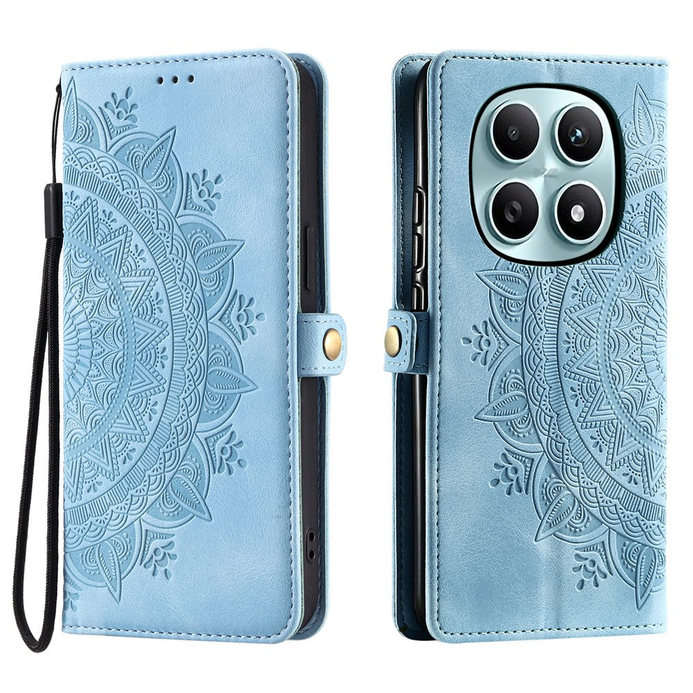 For Xiaomi Redmi Note 15 4G (Global) Case Skin Feel Totem Imprinted Wallet Leather Phone Cover with Hand Strap - Lake Blue