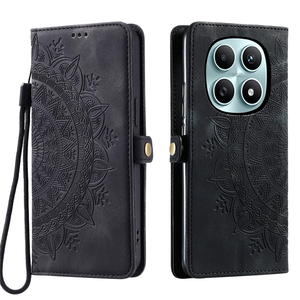 For Xiaomi Redmi Note 15 4G (Global) Case Skin Feel Totem Imprinted Wallet Leather Phone Cover with Hand Strap - Black