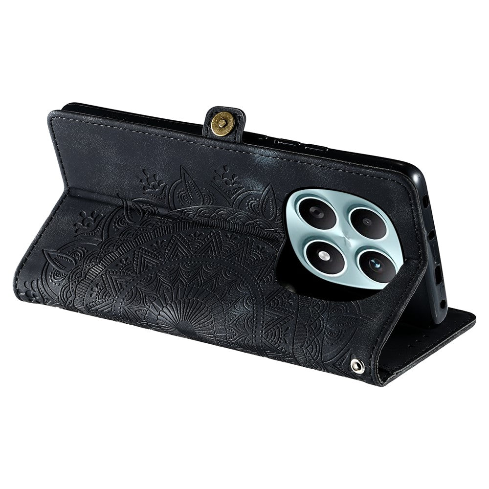 For Xiaomi Redmi Note 15 4G (Global) Case Skin Feel Totem Imprinted Wallet Leather Phone Cover with Hand Strap - Black