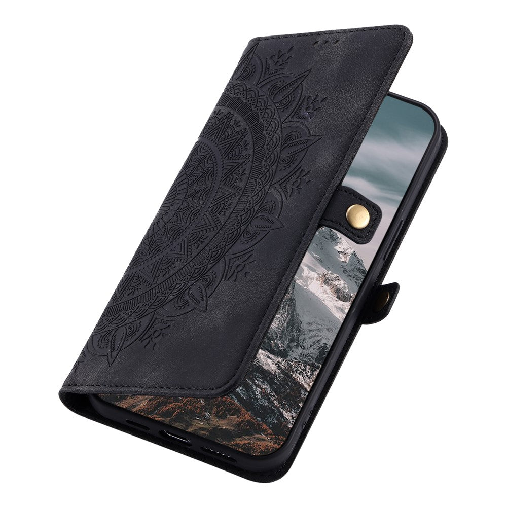 For Xiaomi Redmi Note 15 4G (Global) Case Skin Feel Totem Imprinted Wallet Leather Phone Cover with Hand Strap - Black