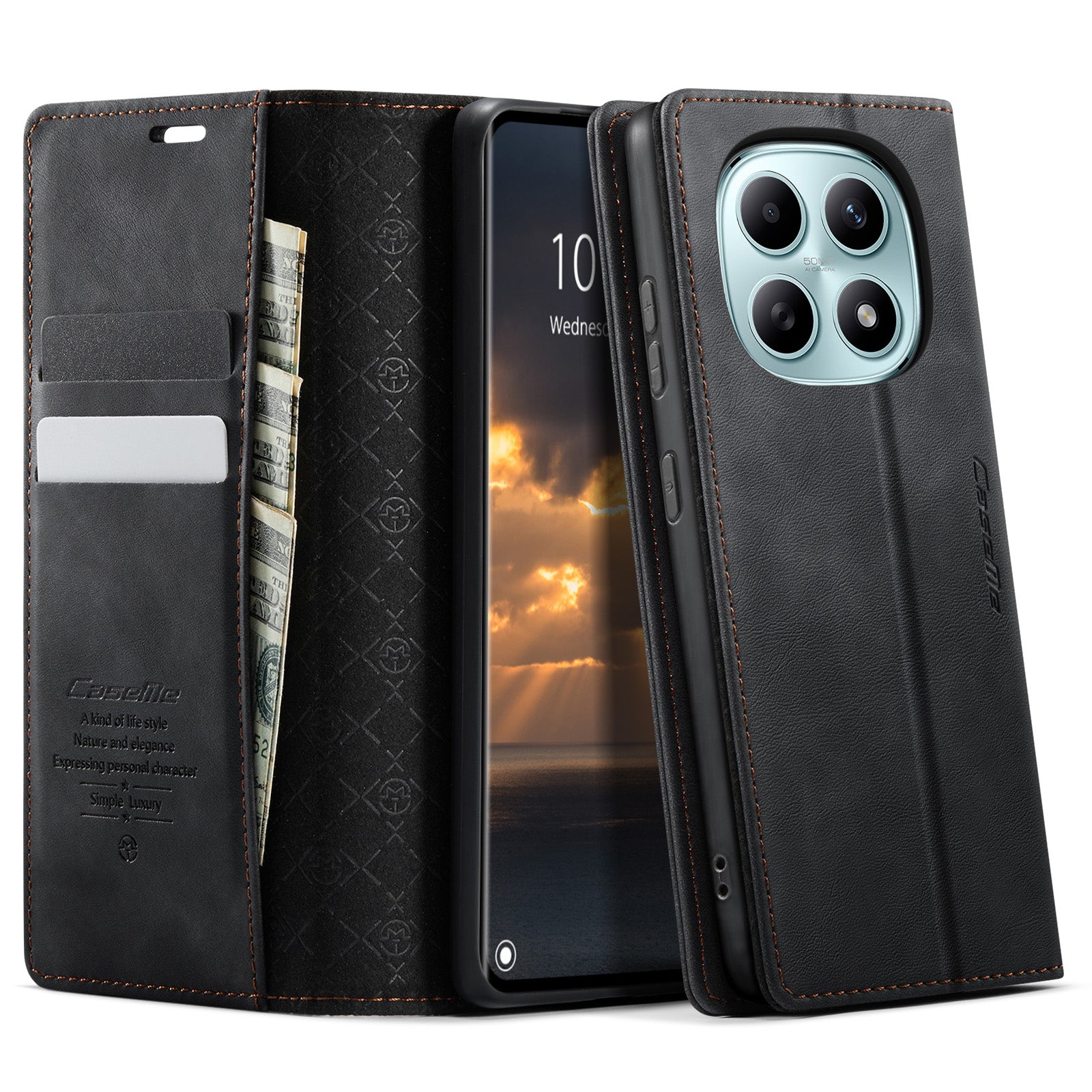 For Xiaomi Poco M8 5G / Redmi Note 15 5G (Global) Case CASEME 033 Series RFID Blocking Wallet Stand Calf Texture Leather Phone Cover - Black