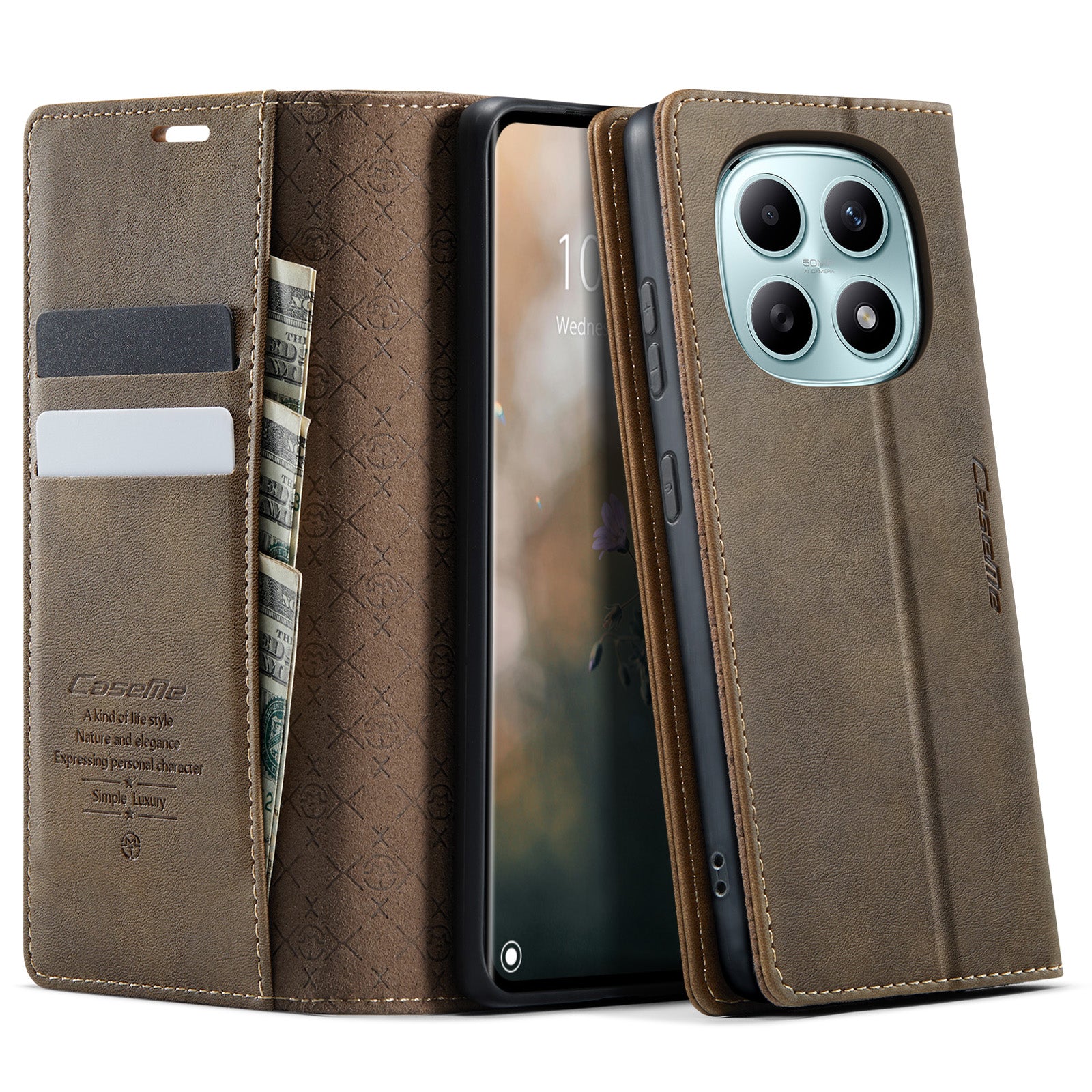For Xiaomi Poco M8 5G / Redmi Note 15 5G (Global) Case CASEME 033 Series RFID Blocking Wallet Stand Calf Texture Leather Phone Cover - Coffee