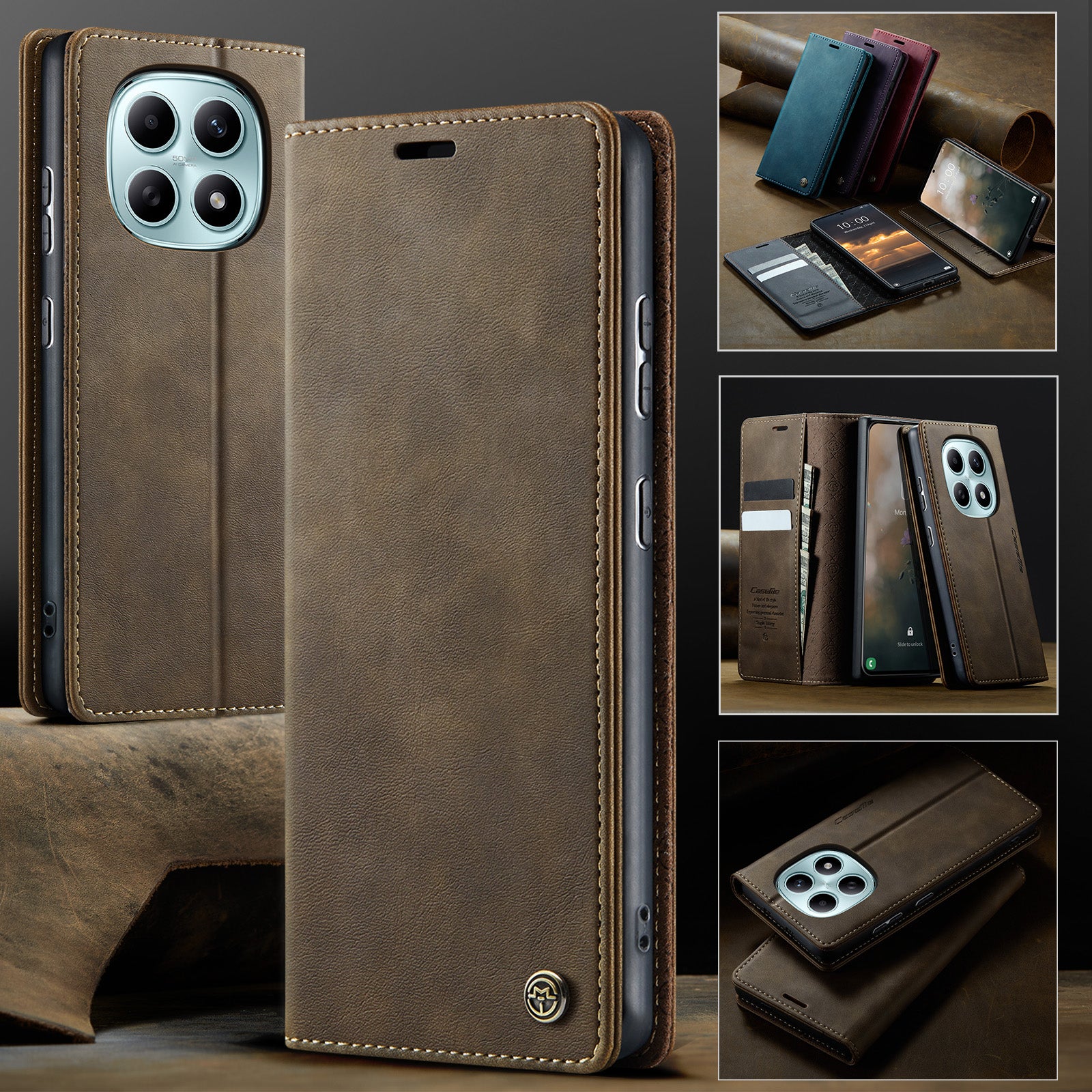 For Xiaomi Poco M8 5G / Redmi Note 15 5G (Global) Case CASEME 033 Series RFID Blocking Wallet Stand Calf Texture Leather Phone Cover - Coffee