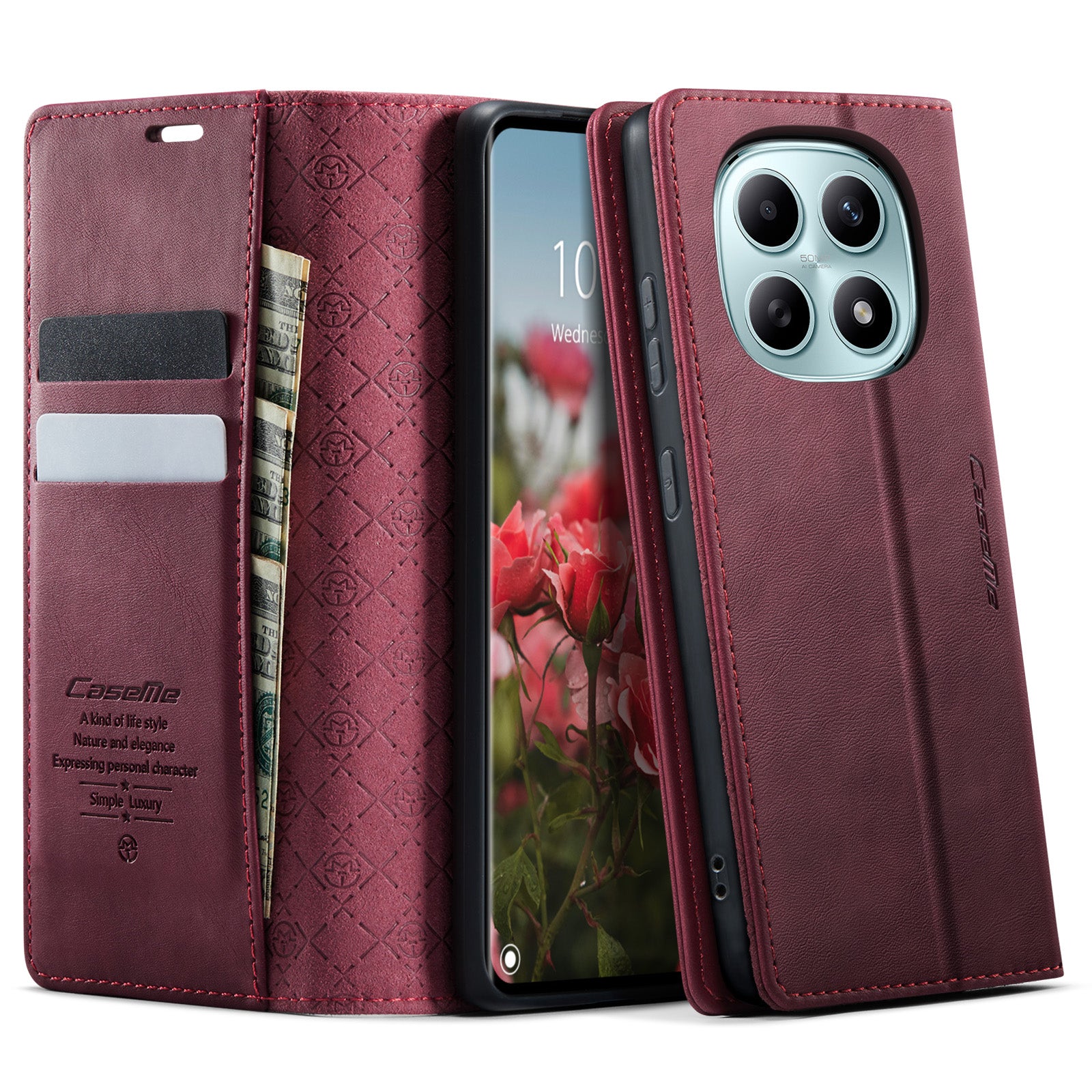 For Xiaomi Poco M8 5G / Redmi Note 15 5G (Global) Case CASEME 033 Series RFID Blocking Wallet Stand Calf Texture Leather Phone Cover - Red