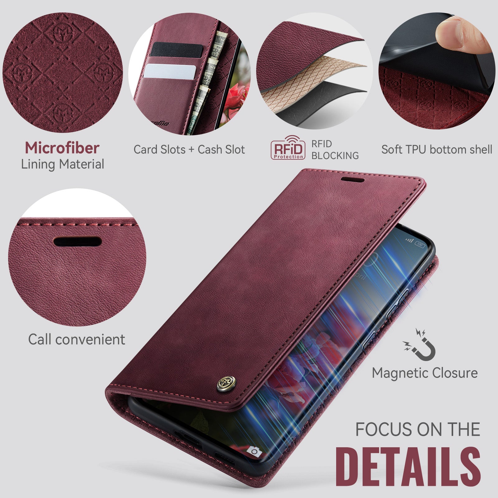 For Xiaomi Poco M8 5G / Redmi Note 15 5G (Global) Case CASEME 033 Series RFID Blocking Wallet Stand Calf Texture Leather Phone Cover - Red