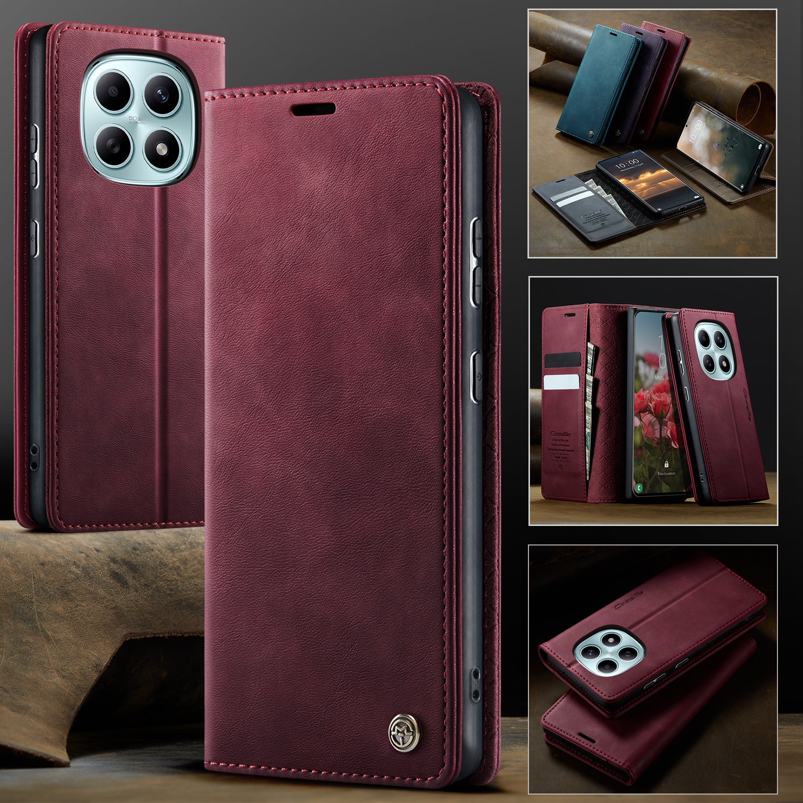 For Xiaomi Poco M8 5G / Redmi Note 15 5G (Global) Case CASEME 033 Series RFID Blocking Wallet Stand Calf Texture Leather Phone Cover - Red