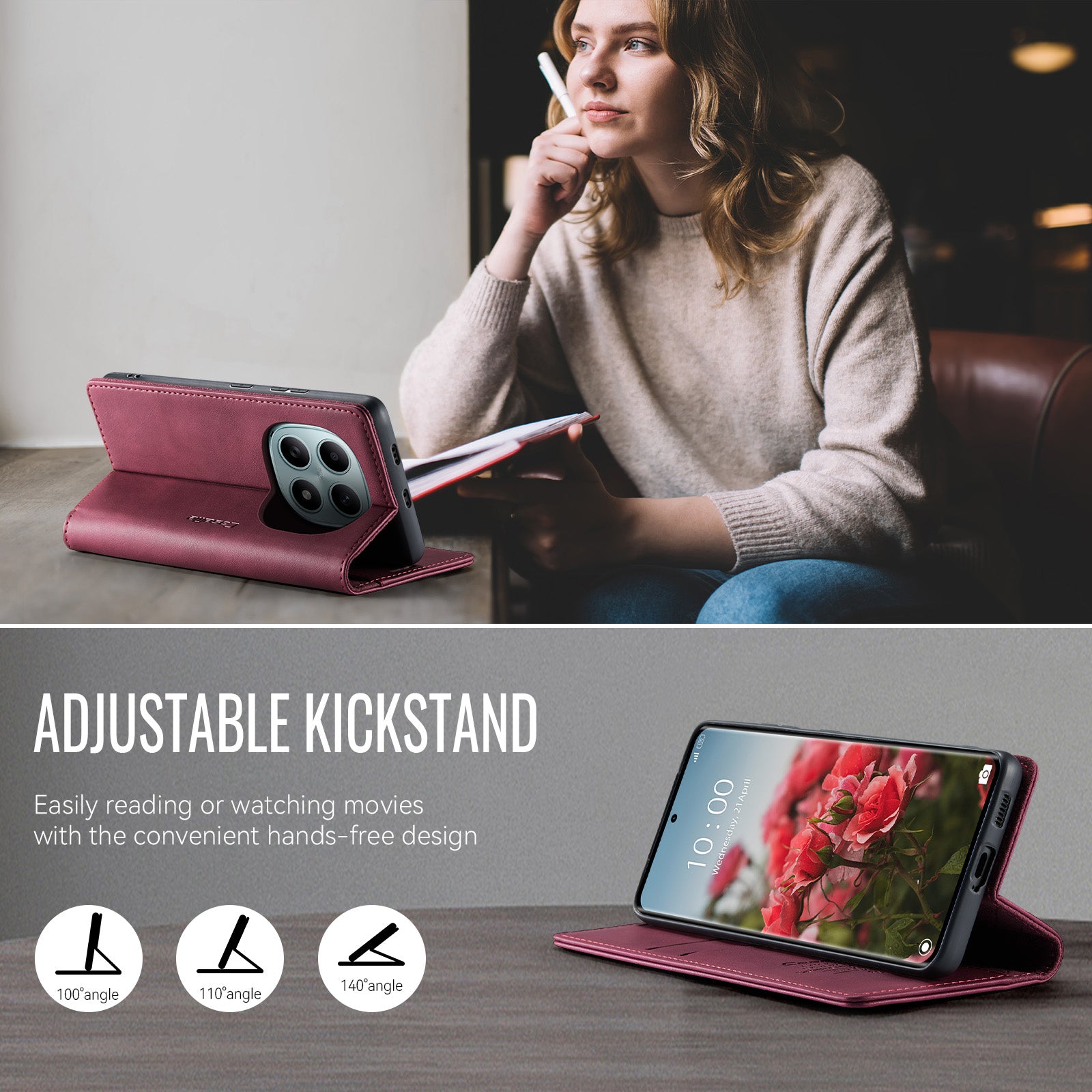 For Xiaomi Poco M8 5G / Redmi Note 15 5G (Global) Case CASEME 033 Series RFID Blocking Wallet Stand Calf Texture Leather Phone Cover - Red