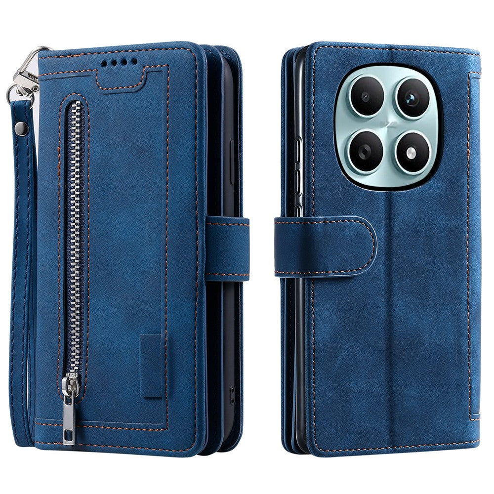 For Xiaomi Redmi Note 15 4G (Global) Case 9 Card Slots Zipper Wallet PU Leather Phone Cover with Wrist Strap - Blue