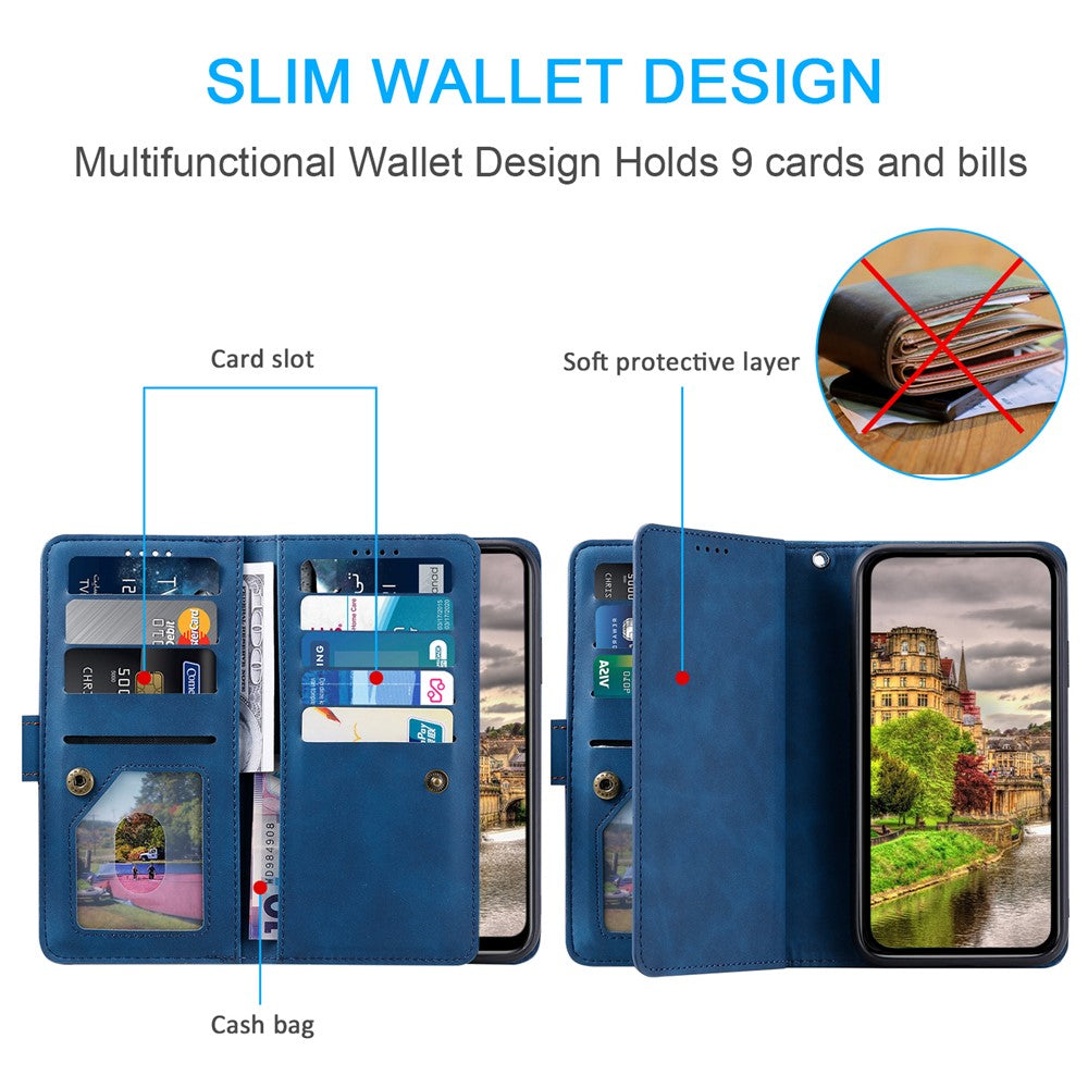 For Xiaomi Redmi Note 15 4G (Global) Case 9 Card Slots Zipper Wallet PU Leather Phone Cover with Wrist Strap - Blue