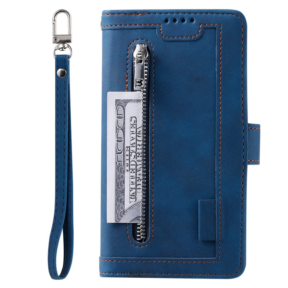 For Xiaomi Redmi Note 15 4G (Global) Case 9 Card Slots Zipper Wallet PU Leather Phone Cover with Wrist Strap - Blue