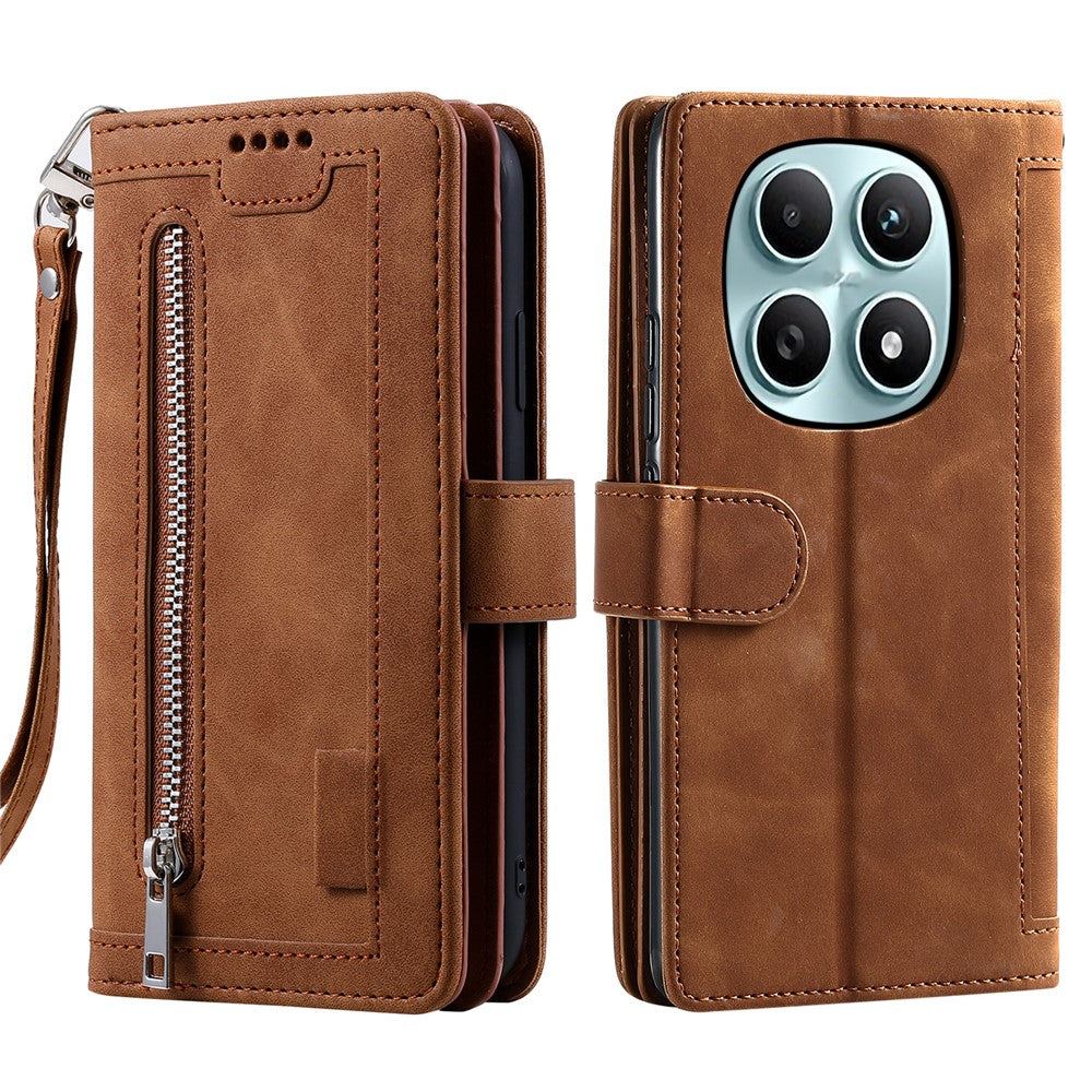 For Xiaomi Redmi Note 15 4G (Global) Case 9 Card Slots Zipper Wallet PU Leather Phone Cover with Wrist Strap - Brown
