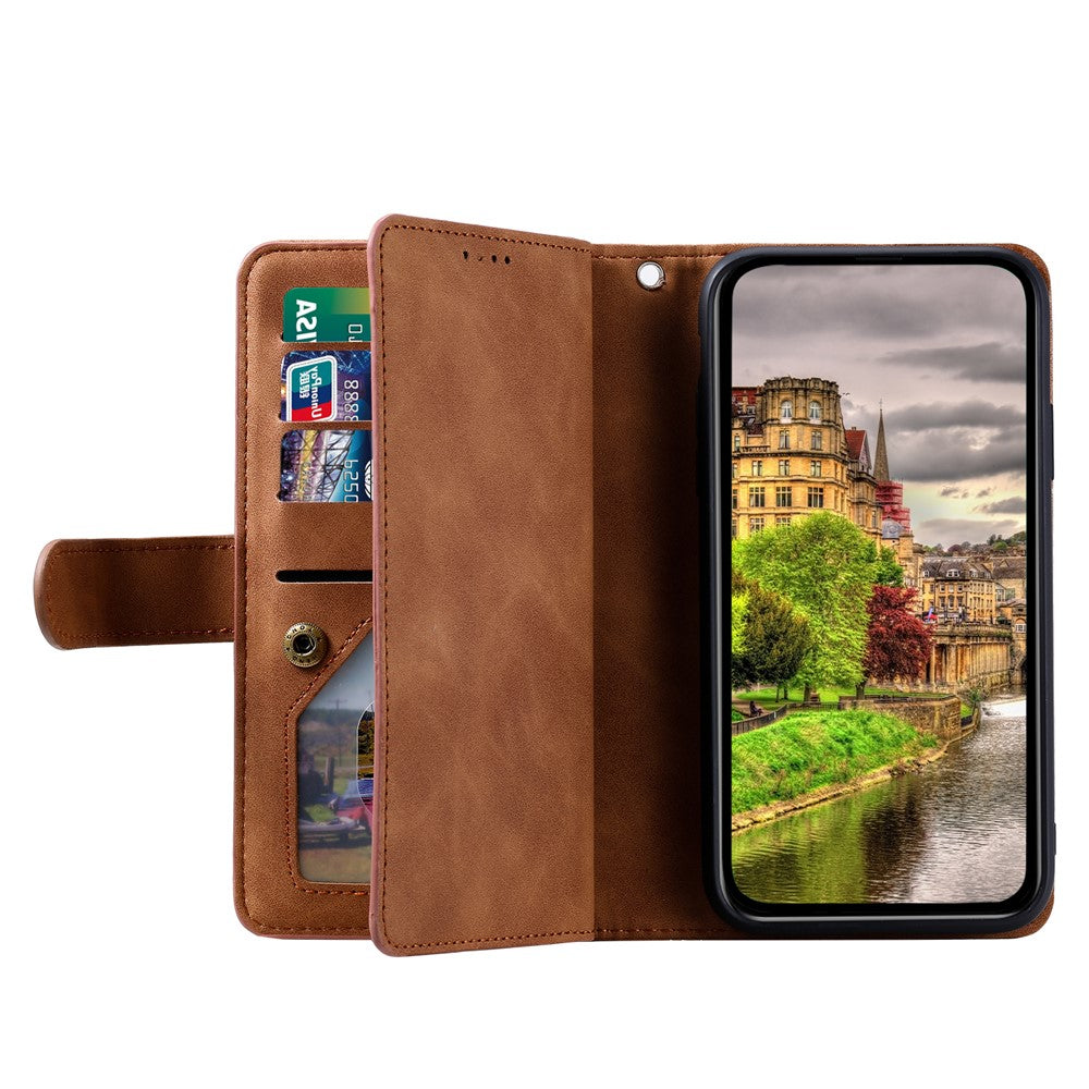 For Xiaomi Redmi Note 15 4G (Global) Case 9 Card Slots Zipper Wallet PU Leather Phone Cover with Wrist Strap - Brown