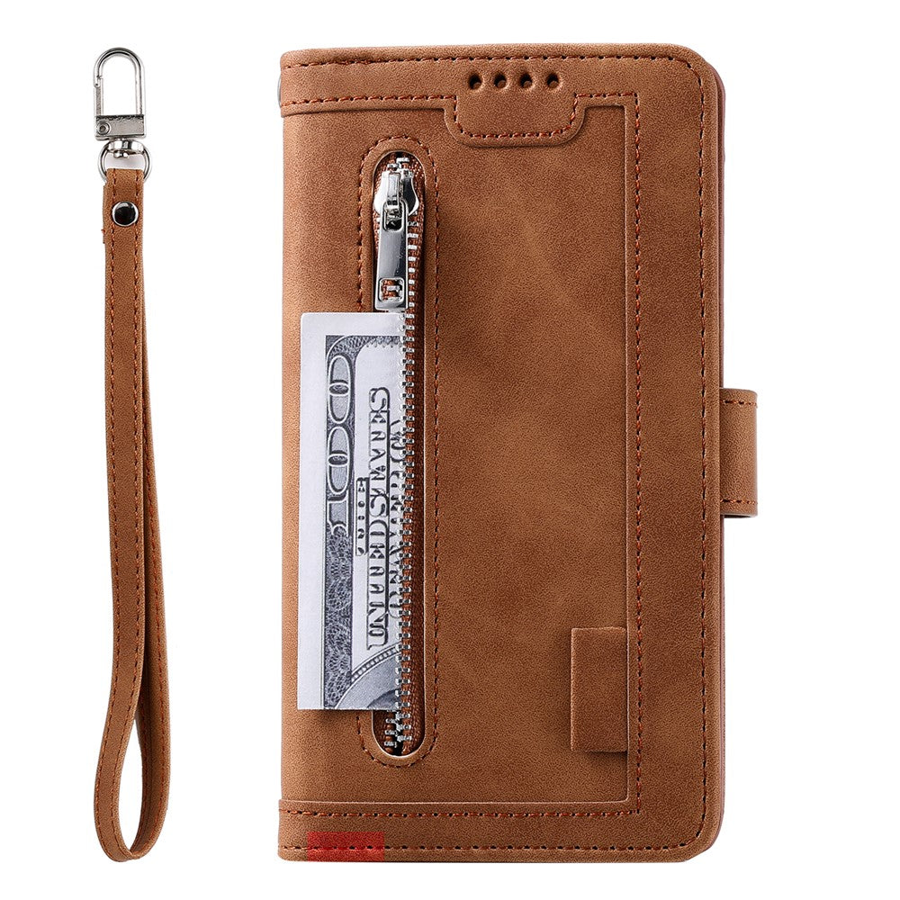 For Xiaomi Redmi Note 15 4G (Global) Case 9 Card Slots Zipper Wallet PU Leather Phone Cover with Wrist Strap - Brown