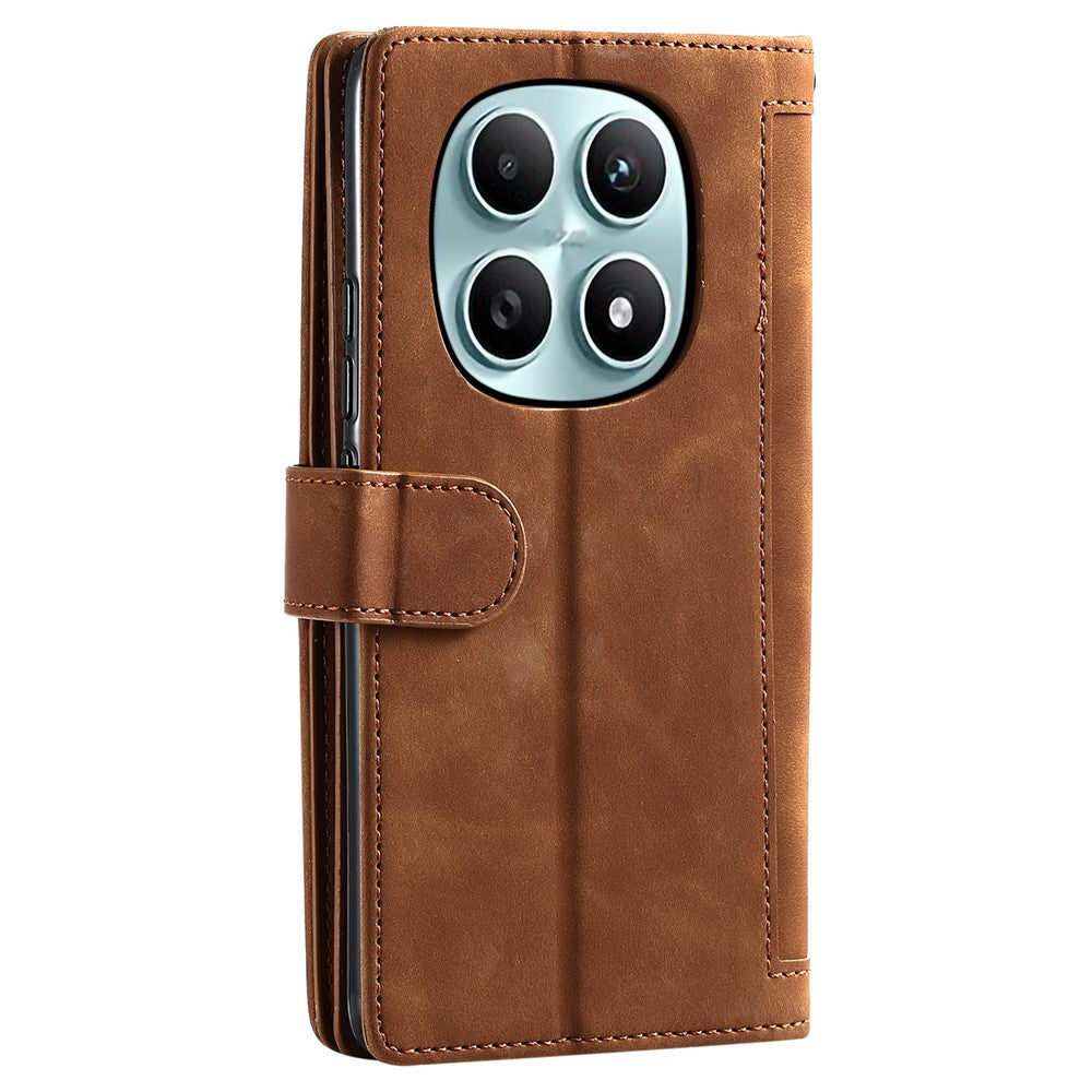 For Xiaomi Redmi Note 15 4G (Global) Case 9 Card Slots Zipper Wallet PU Leather Phone Cover with Wrist Strap - Brown