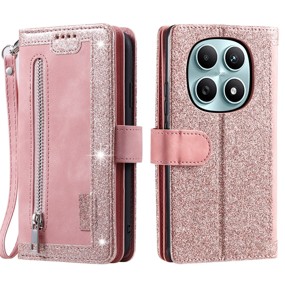 For Xiaomi Redmi Note 15 4G (Global) Case 9 Card Slots Zipper Wallet PU Leather Phone Cover with Wrist Strap - Rose Gold